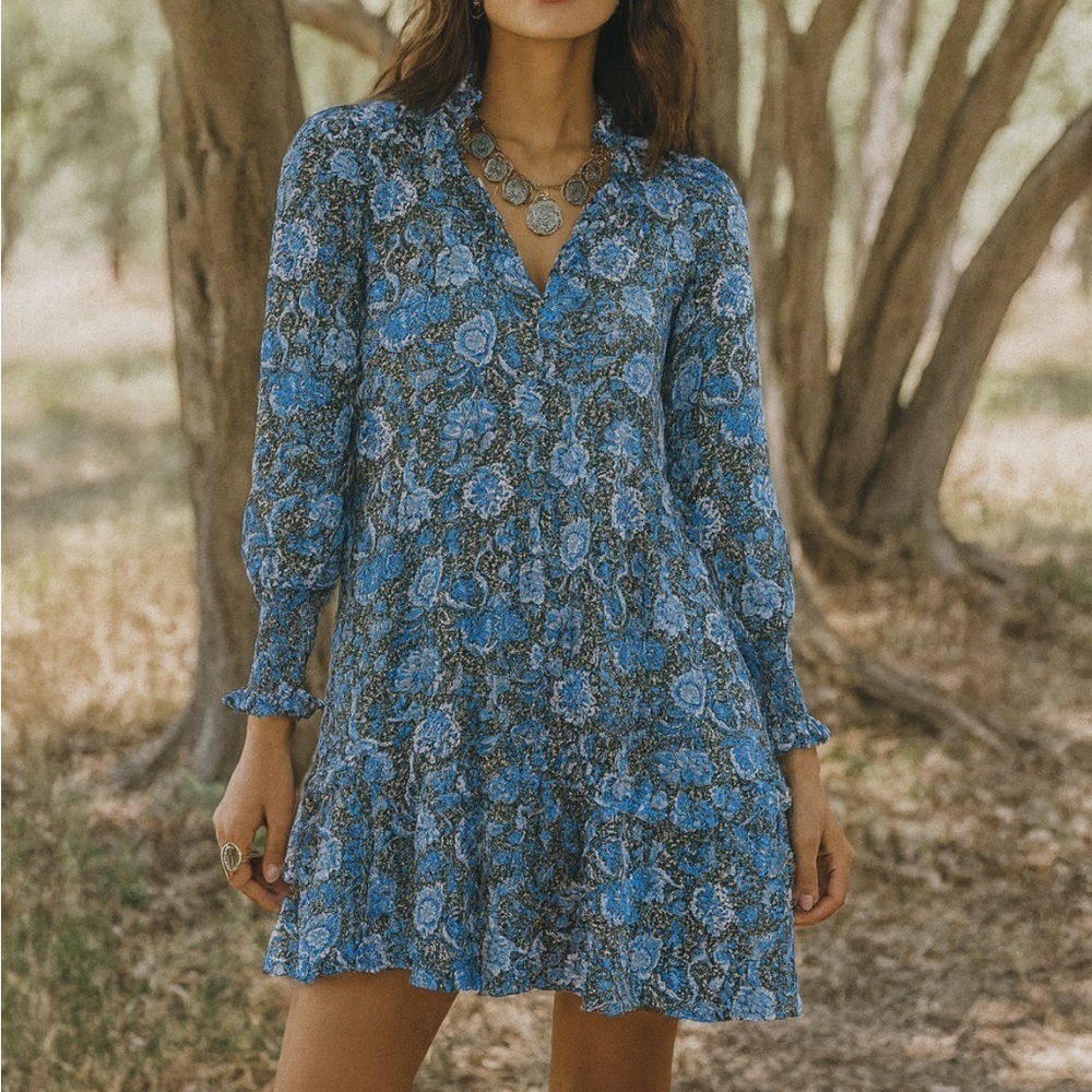 ME+EM Blue Paisley Tiered Mini Dress
